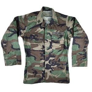 Vintage US Army Jacket Mens Small Long Camo BDU Woodland Military Shirt 90s